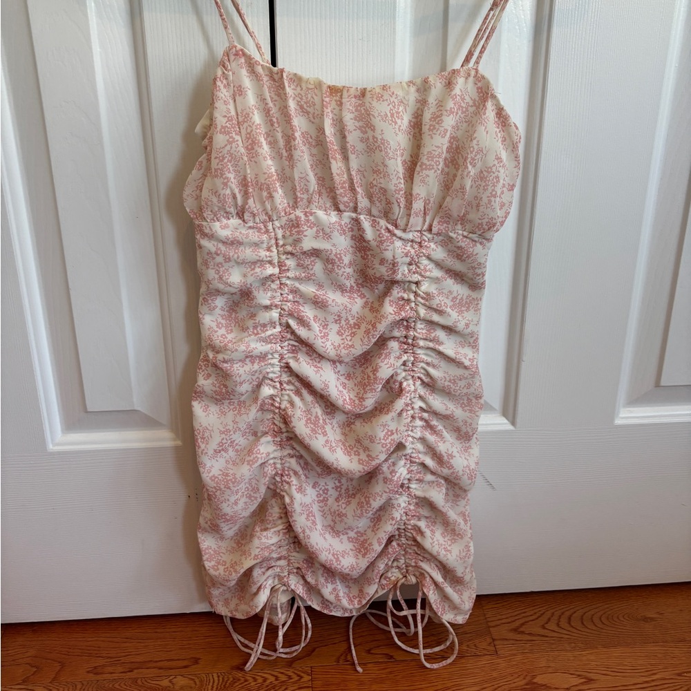 Princess Polly- pink floral mini dress, ruched, size 2